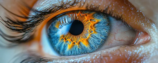 Macro close-up of blue iris and orange pattern, human eye with dramatic side lighting