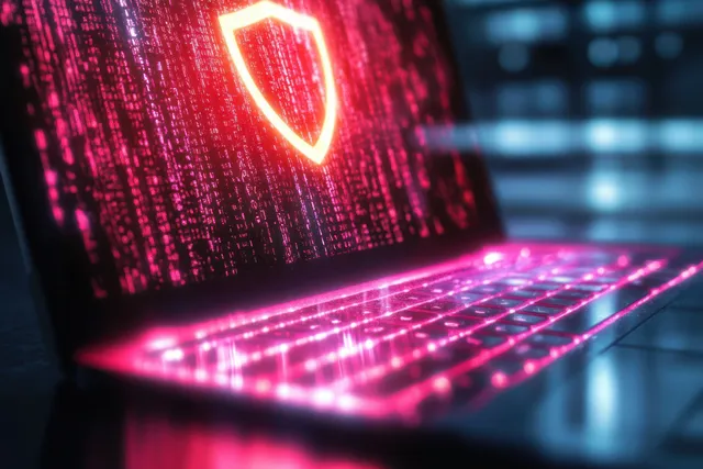 Cyberpunk laptop showing glowing breach warning icon over neon code matrix