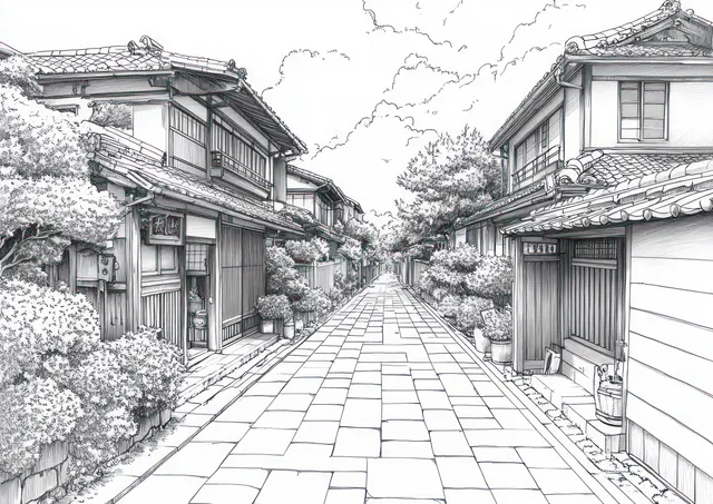 Monochrome ink sketch showing a narrow Japanese street with tiled path and lattice-patterned building walls.