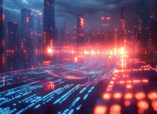 Neon ethernet cables and luminous data lines run through a futuristic skyline of server towers.