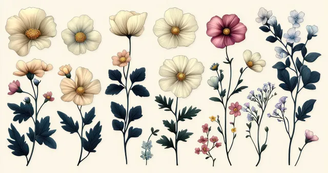 Pastel wildflower collection on light background with detailed dark green leaves