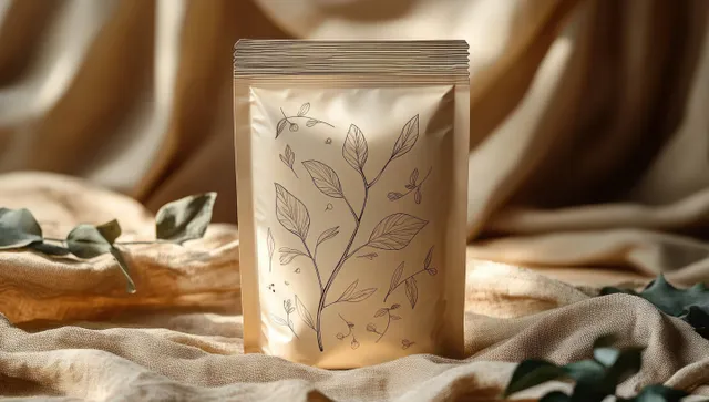 Beige stand-up pouch with delicate leaf line art standing on soft fabric under warm natural light.