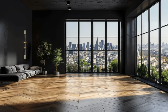 Empty dark interior room with parquet floor, large panoramic windows, and a city skyline view.