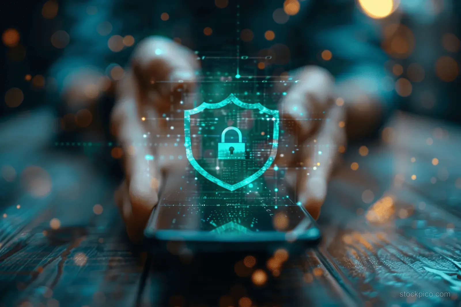 A businessman holds a smartphone showing a glowing digital lock shield for encrypted cybersecurity protection.