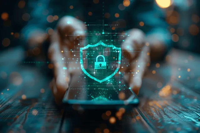 Businessman secures smartphone data with encryption shield during secure financial transactions