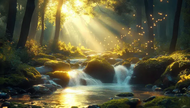 Sunbeams illuminate a mossy forest stream while glowing butterflies hover above the water.