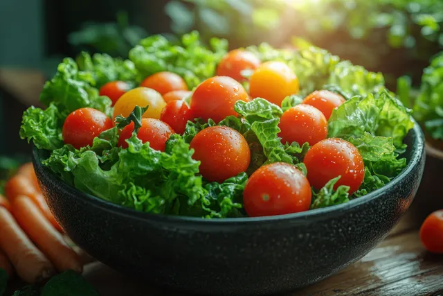 Fresh cherry tomato and lettuce salad in dark bowl with rustic wooden table