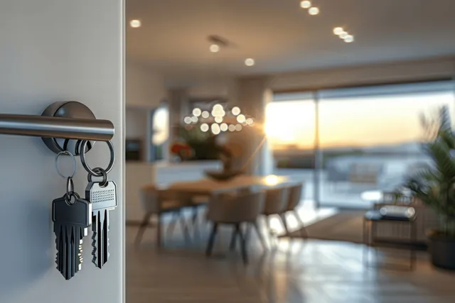 Keys hanging on an apartment door handle with a blurred bright living room and large window light in the background.