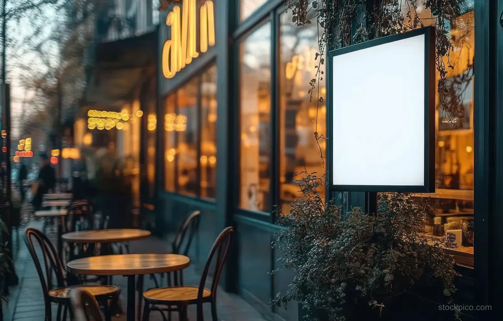 Empty wooden café tables and chairs sit outside beside a brightly lit blank sign on a dusk street.