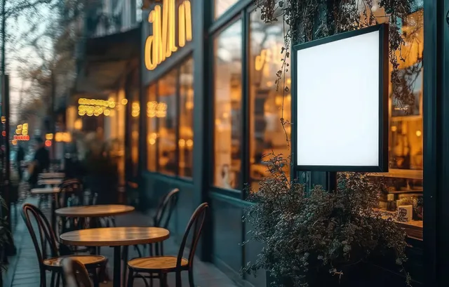Empty wooden café tables and chairs sit outside beside a brightly lit blank sign on a dusk street.