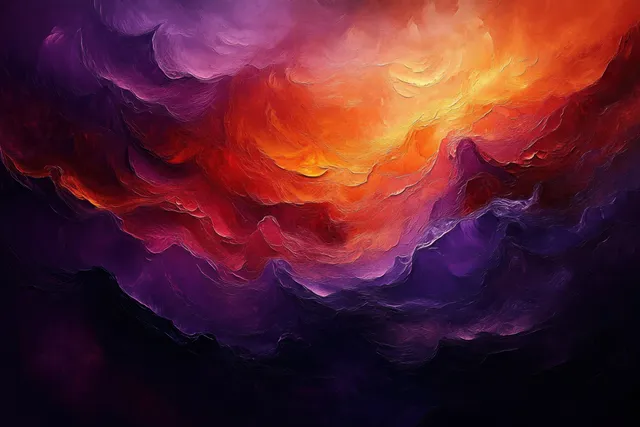 Fiery orange and crimson clouds swirl through deep purple night, creating dramatic motion patterns