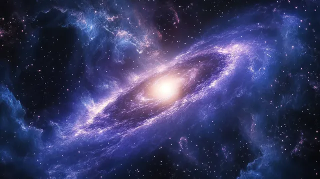 A spiral galaxy with a glowing bright center and purple-blue nebula clouds surrounded by scattered stars in space.