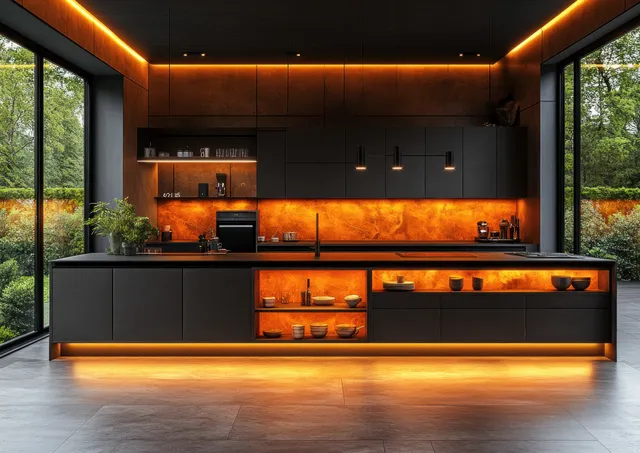 Minimal kitchen interior with glowing orange backsplash, built-in shelves, and large windows showing greenery outside.