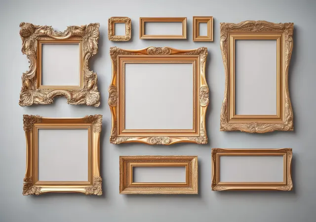 Nine ornate gold picture frames of different shapes mounted on a gray wall with empty openings.
