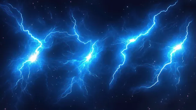 Several blue lightning bolts with glowing branching arcs strike across a dark storm sky background.