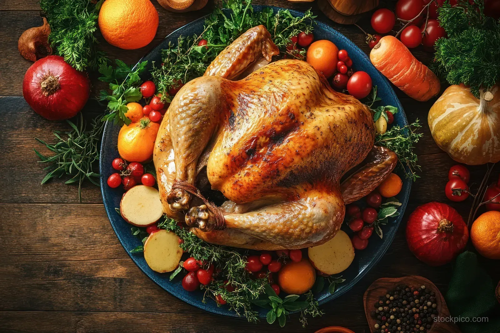 Golden roasted whole chicken on a dark plate with herbs, cherry tomatoes, sliced potatoes, and oranges on a wooden table.