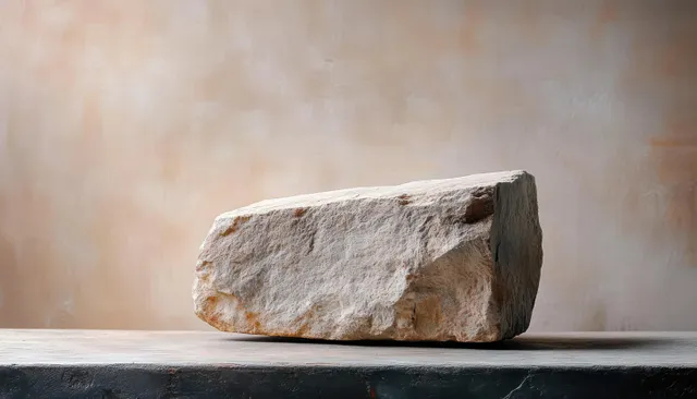Rough beige stone block resting on a dark platform against softly lit neutral wall