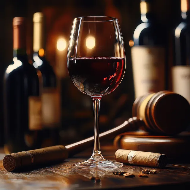 Red wine glass with cigar and wooden gavel on warm wooden table, moody bar still life