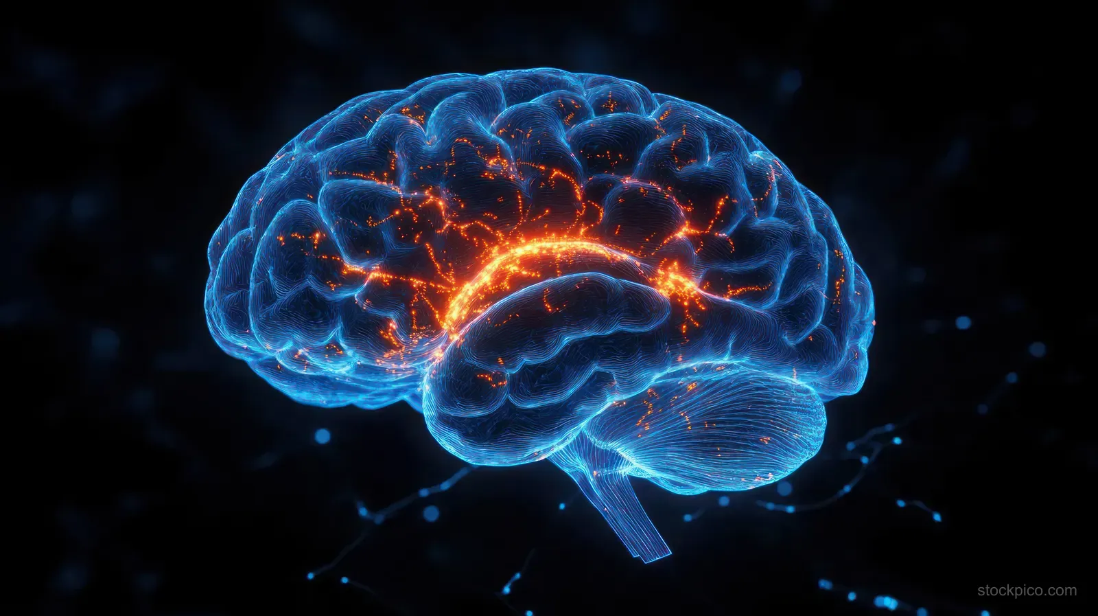 A glowing 3D brain with orange synapses and blue neural network lines on a dark background.