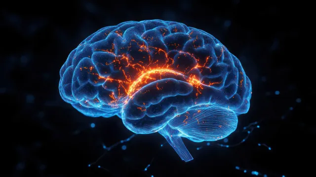 A glowing 3D brain with orange synapses and blue neural network lines on a dark background.