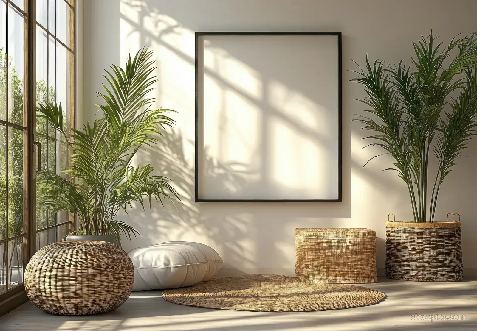 Blank square picture frame on a white wall in a Scandinavian living room with potted green plants and sunlit shadows.
