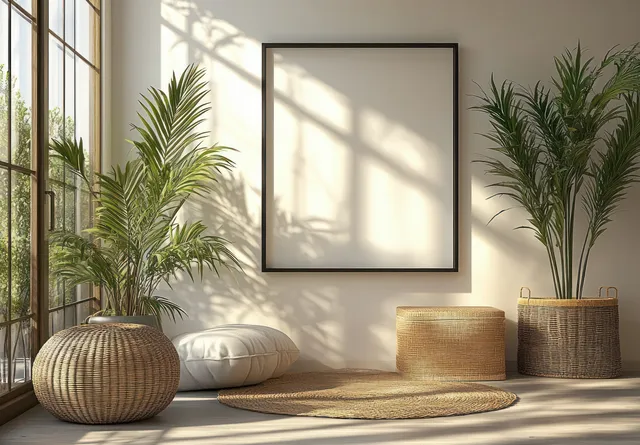 Blank square picture frame on a white wall in a Scandinavian living room with potted green plants and sunlit shadows.