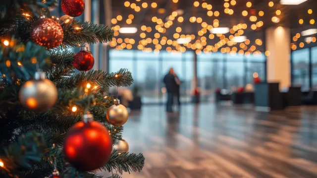 Decorated Christmas tree close-up with red and gold baubles and warm fairy lights, with blurred people in the background.