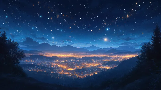 Moonlight illuminates a distant city valley with glowing lights under a bright starry sky.
