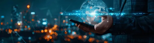 Businessman using AI prompts on tablet, neon night city glow and holographic network overlay