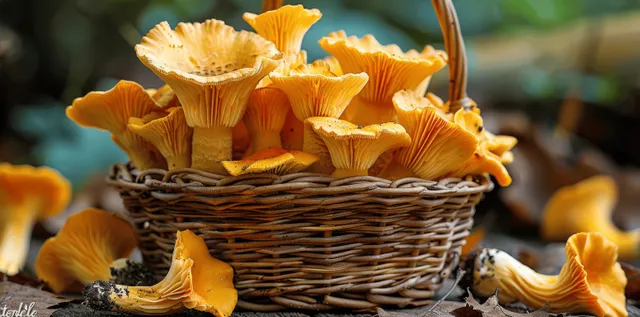 Fresh golden chanterelle mushrooms spilling from wicker basket on wooden table