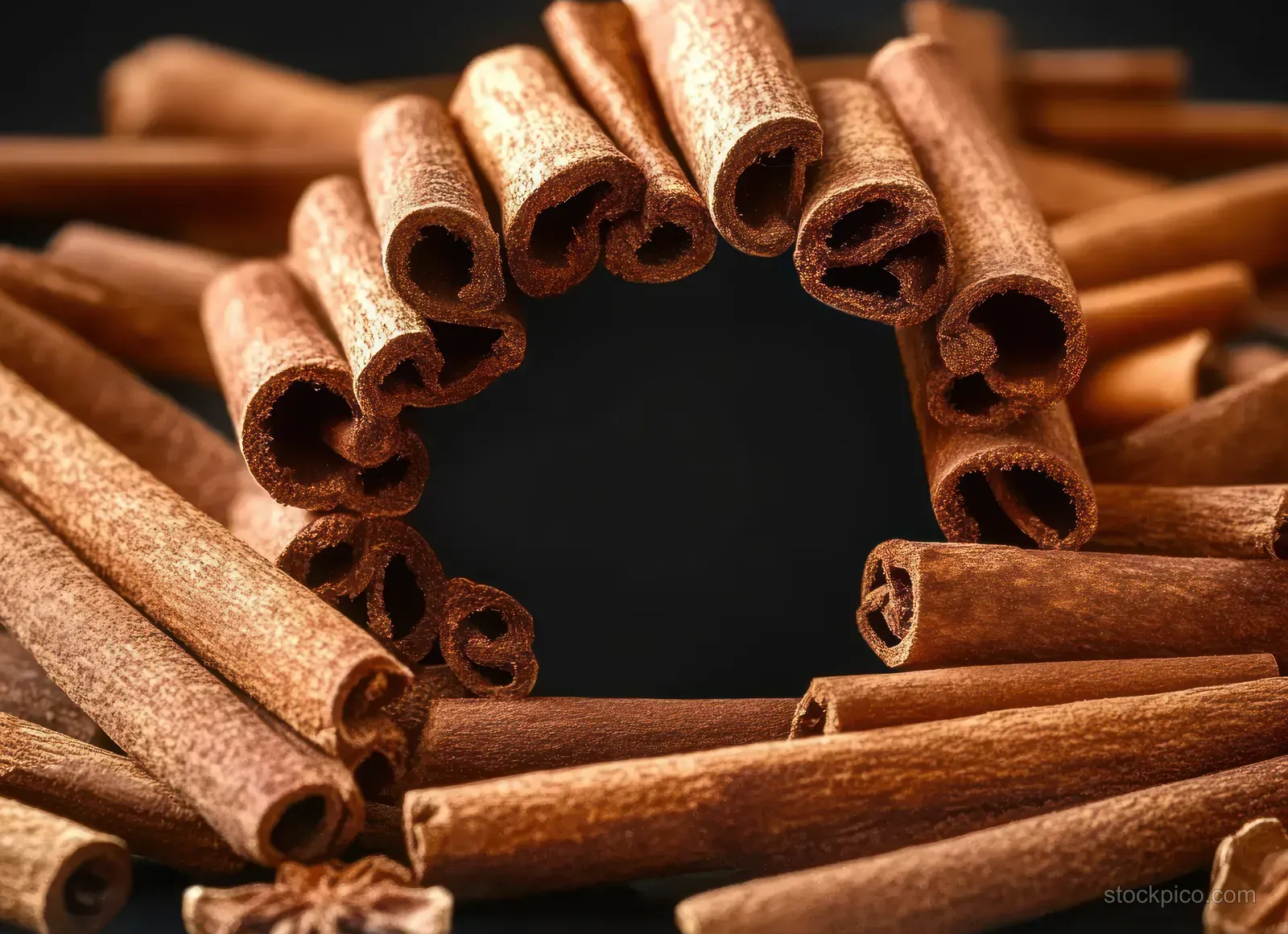 Cinnamon sticks arranged in a circular ring with curled ends against a dark background.