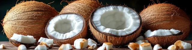 Whole coconuts and halved halves with white flesh slices are arranged on cracked shell chips.