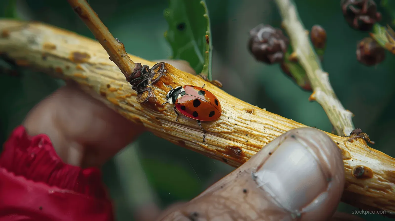 Red ladybug with black spots perched on a twig held by a fingertip against a blurred green background.