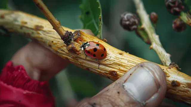 Red ladybug with black spots perched on a twig while a hand holds it