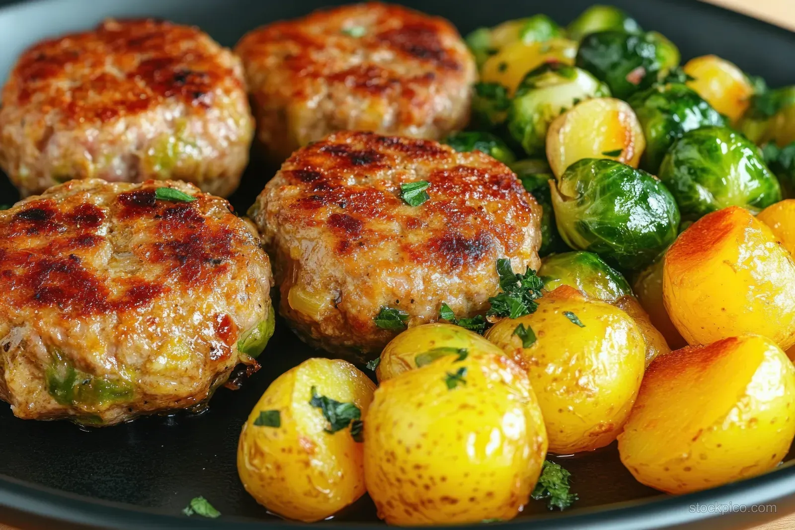 Meat patties with Brussels sprouts and boiled potatoes on a dark plate.