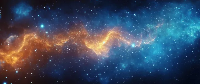 Glowing orange nebula arcs across blue star field with scattered bright points of light