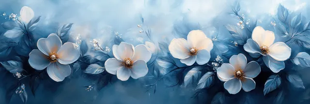 Seamless blue watercolor floral wallpaper with soft white blossoms and subtle grunge texture background.