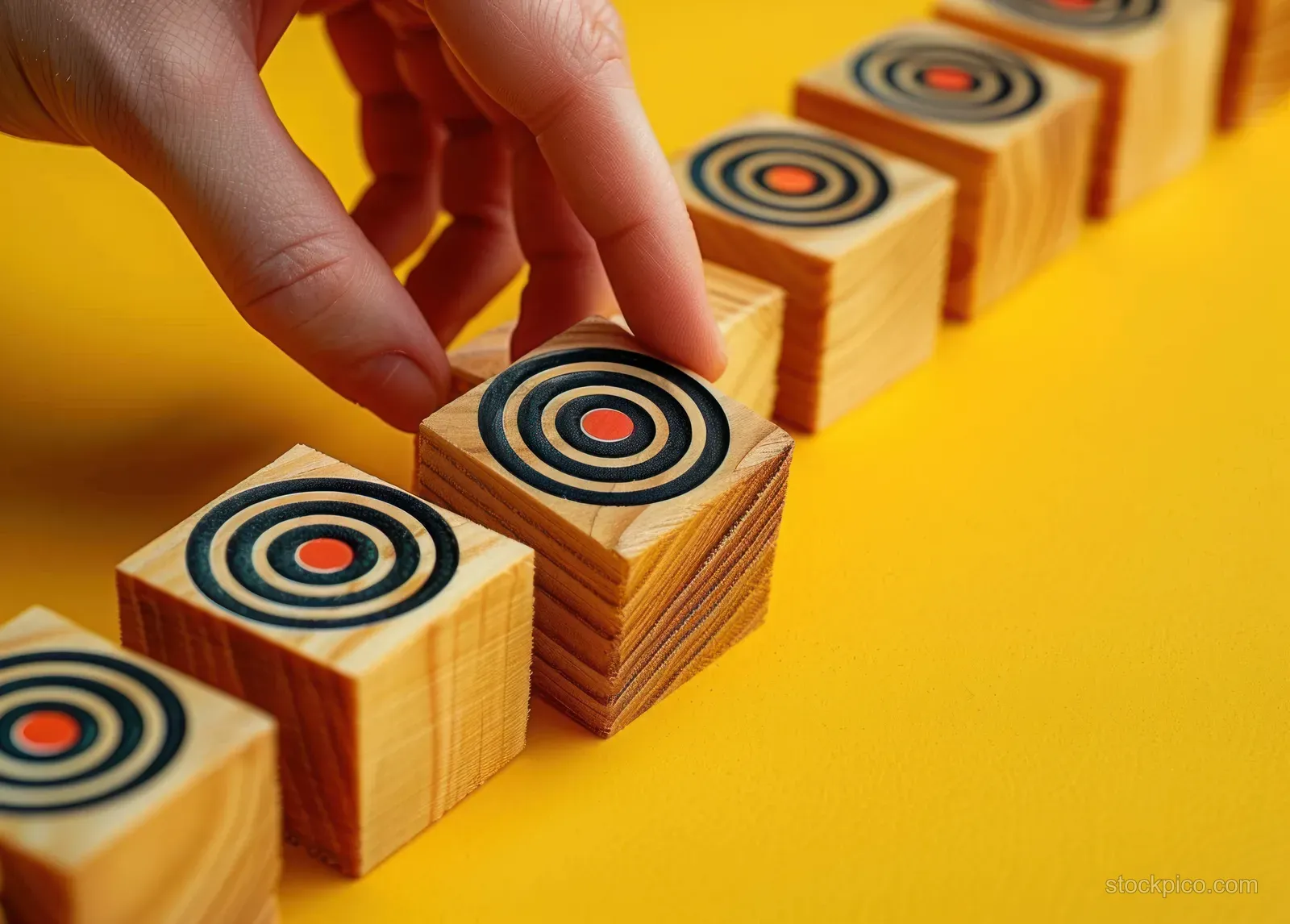 A hand places a wooden block with concentric black and red target circles on a bright yellow surface.