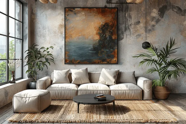 Beige sofa and black coffee table in a sunlit Scandinavian living room with framed painting and potted plants.