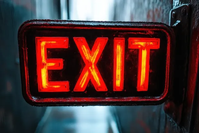 A glowing red EXIT sign is mounted on a wall in a dim corridor with textured surfaces behind it.