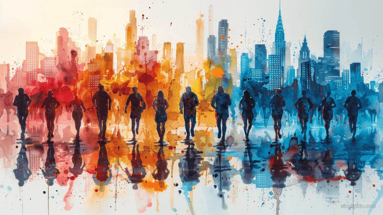 Runner silhouettes race under a vibrant watercolor city skyline with colorful paint splashes.