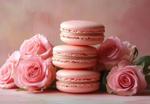 Stack of pink macarons with pink roses scattered around them on a soft pink background.