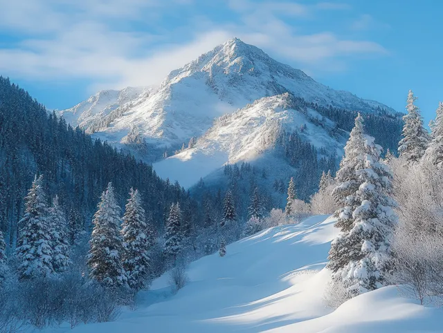 Snow-covered mountain peak rises above pine forest, crisp blue sky and fresh powder