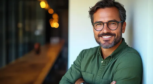 Smiling man with glasses and beard in a green shirt leaning against a white wall with warm bokeh lights behind.