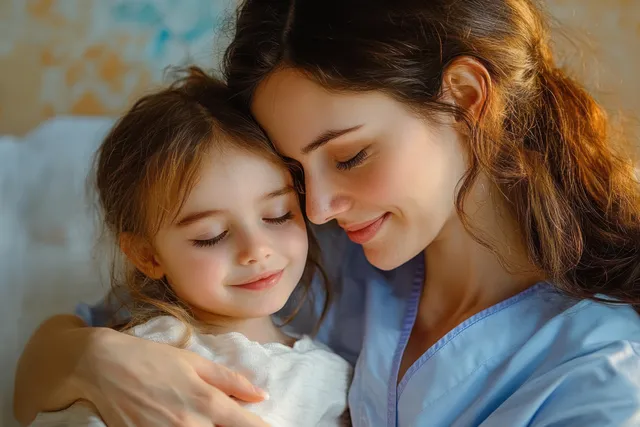 A young doctor hugs a small girl in a hospital room, offering comforting care and reassurance.
