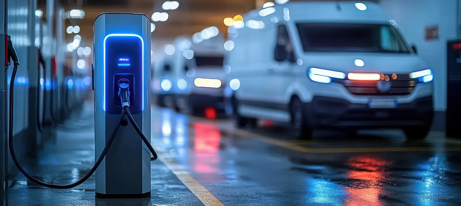 A delivery van is parked at a glowing electric vehicle charging station under neon lights on a wet roadway.