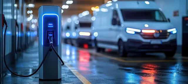Electric delivery van charging at illuminated EV station with neon signage at night