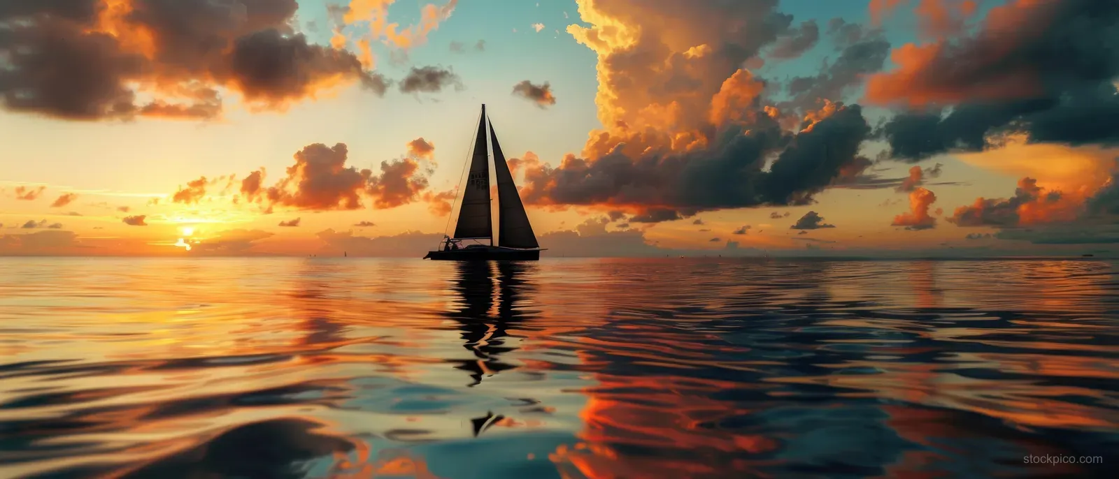 A sailboat named Nacra 17 glides toward the horizon at sunset with golden reflections on the water.