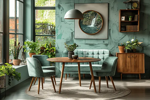 Mint-green dining chairs surround a round wooden table beside a window with potted plants and a wooden cabinet.