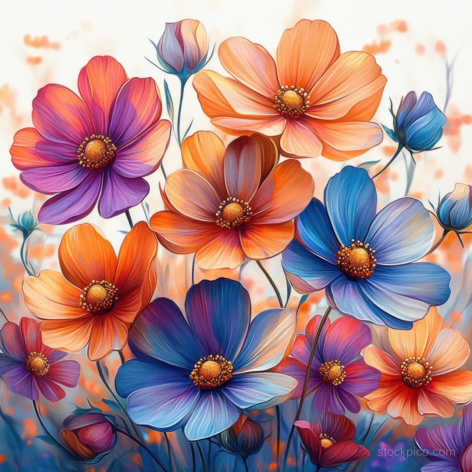 Orange, purple, and blue flowers bloom together against a soft blurred background with visible petal texture.
